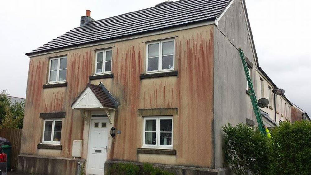 Façade infestée d'algues rouges 